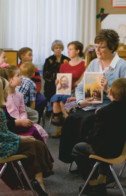 Primary children gathered in groups
