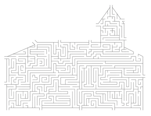 Multiple entrances and exits to guide children through a large maze in the shape of a church.