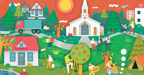 town with people doing various activities