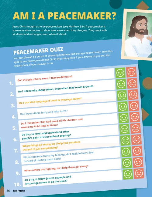 Page PDF with illustrations of Jesus with a child, a girl who dropped her books, two children whispering, and a girl with a broken toy