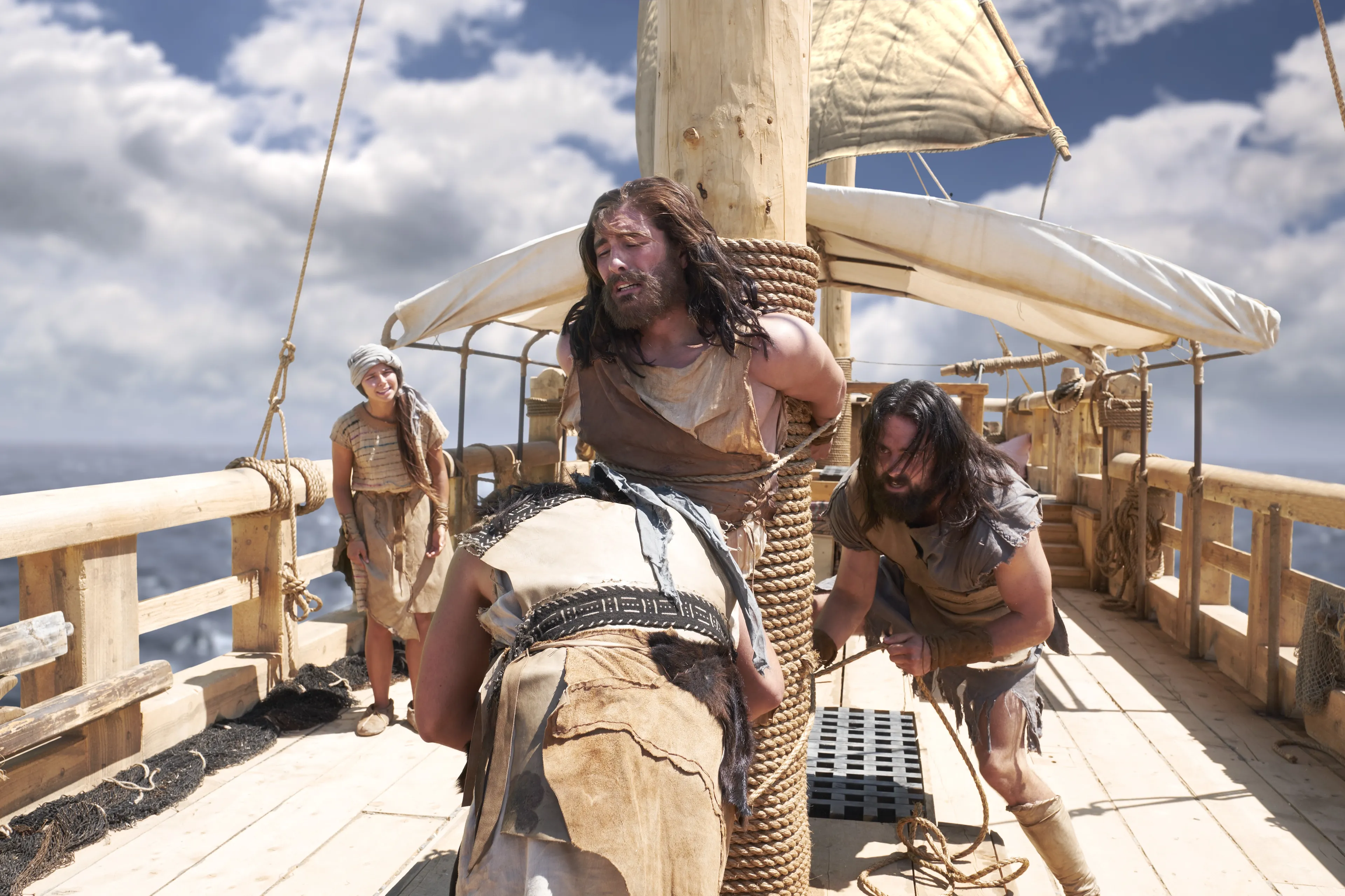 Laman and Lemuel tie Nephi to the ship's mast.
