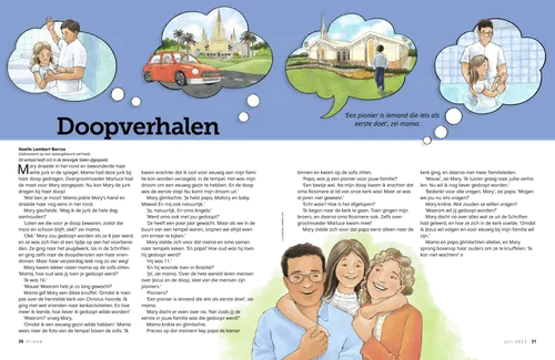 Pdf van meisjes die zich laten dopen, een auto die naar de tempel rijdt, een jongen voor een kerkgebouw, en een meisje met haar ouders