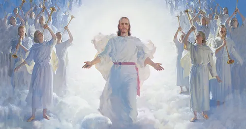 The resurrected Jesus Christ standing above a large gathering of clouds