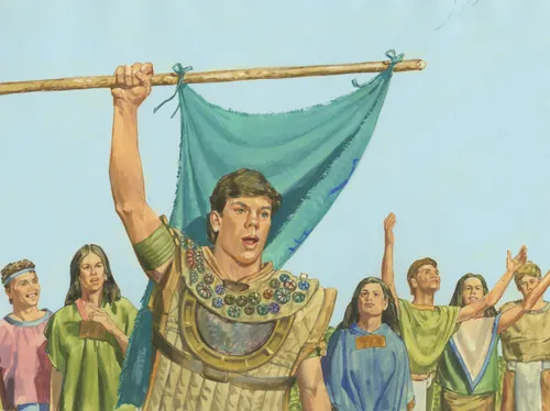 Moroni went forth among the people, waving the rent part of his garment in the air, that all might see the writing which he had written upon the rent part, and crying with a loud voice, saying:  Behold, whosoever will maintain this title upon the land, let them come forth in the strength of the Lord, and enter into a covenant that they will maintain their rights, and their religion, that the Lord God may bless them.  Chapter 32-7  (Alma 46:19-20)