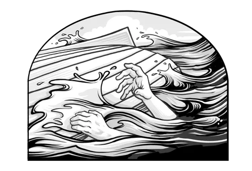 hands reaching out of water near overturned boat