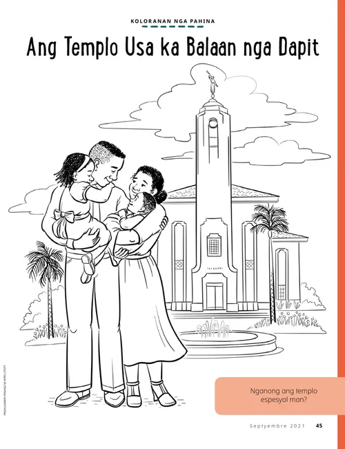 PDF nga koloranan nga pahina sa usa ka pamilya nga nagbarog atubangan sa usa ka templo