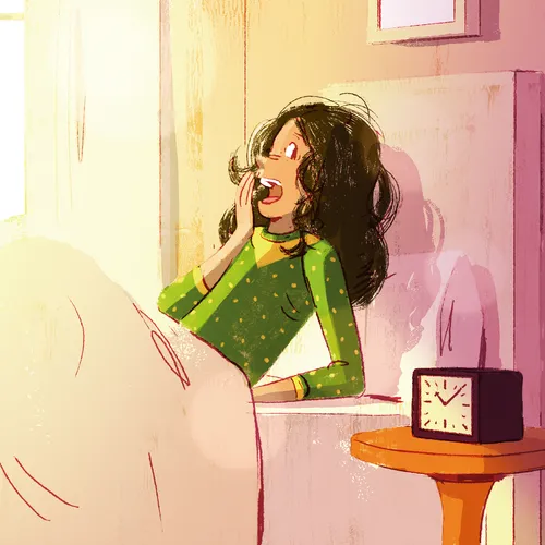 young woman waking up in the morning