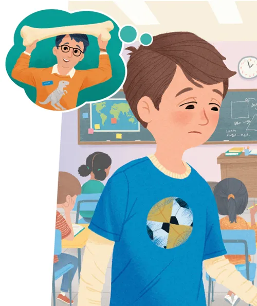 A young boy walks through his classroom at school. He looks sad. A man holds up a dinosaur bone.