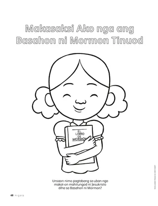 Koloranan nga pahina sa batang babaye nga naggakos sa Basahon ni Mormon