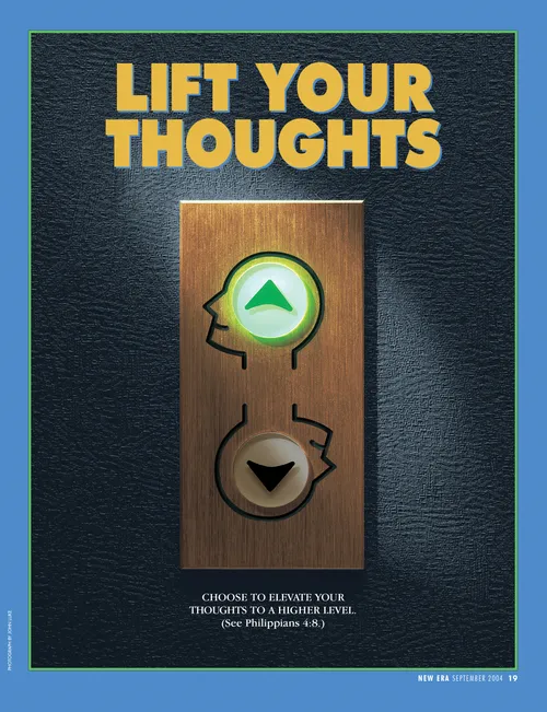 A conceptual photograph of an elevator’s up and down buttons with smiling and frowning faces drawn around the arrows, paired with the words “Lift Your Thoughts.”