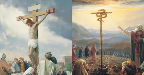Christ hanging on a cross at Calvary and Moses pointing to a staff with a brass serpent attached to the top