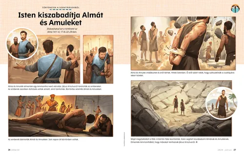 PDF-oldal illusztrációkkal, amelyeken Alma és Amulek börtönbe kerül, majd csodálatos módon kiszabadulnak onnan