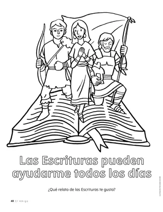Página para colorear con personajes del Libro de Mormón saliendo de las páginas de un libro abierto