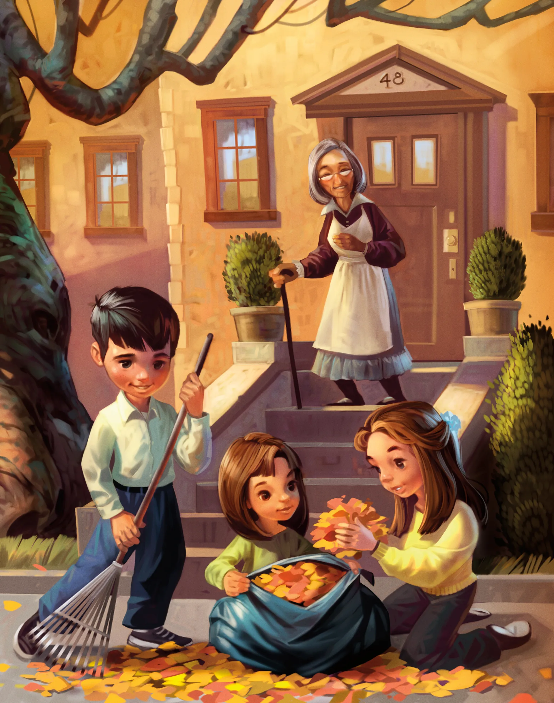 Three children rake leaves for an elderly woman.