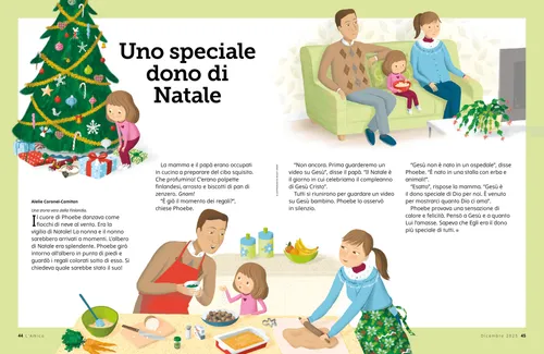 PDF della pagina con illustrazioni di una bambina che guarda i regali sotto l’albero di Natale, della bambina e dei suoi genitori che lavorano insieme in cucina e della bambina e dei suoi genitori seduti insieme a guardare la televisione