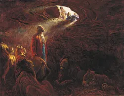 Daniel in the Lions’ Den is greeted by his friend the king