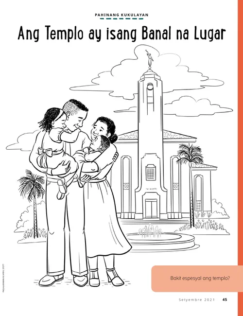 PDF na pahinang kukulayan tungkol sa isang pamilyang nakatayo sa harapan ng isang templo