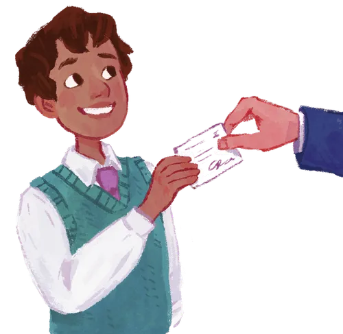 A boy smiling and taking a card