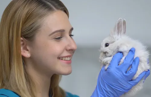 Kind researcher with rabbit