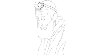 Drawing of a man with his eyes closed wearing a phylactery.