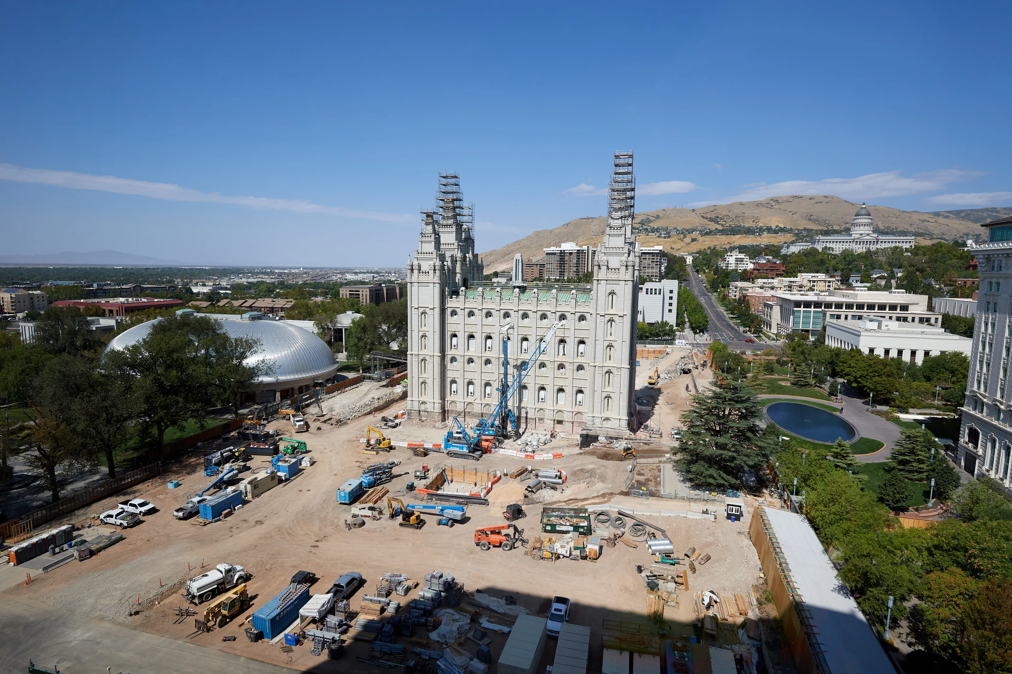 Construction on the Salt Lake Temple during August, 2020. These are the exterior walls. 