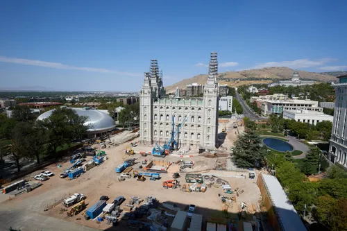 Construction on the Salt Lake Temple during August, 2020. These are the exterior walls. 