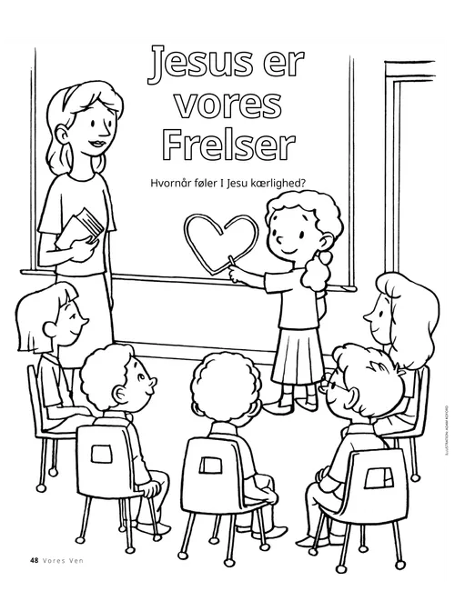 Malebogsside med en lærer og børn i en primaryklasse, og et barn tegner et hjerte på tavlen