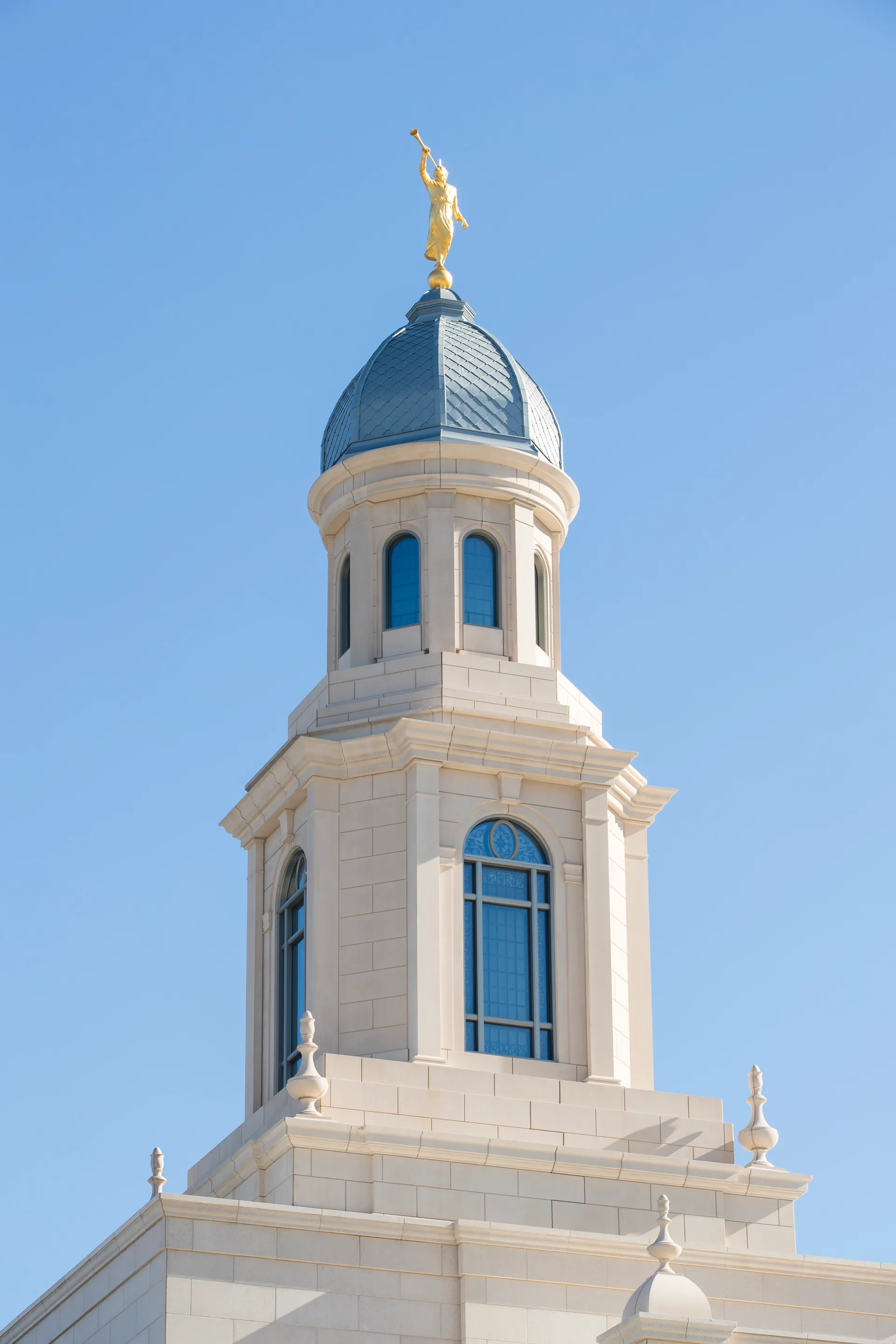 A view of the spire and angel Moroni statue on the Concepción Chile Temple.