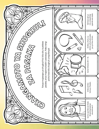 Shughuli kwenye mfumo wa PDF ikiwa na picha za kupaka rangi na maudhui ya Pasaka