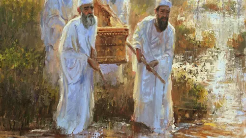 four men carrying the ark of the covenant across the Jordan River