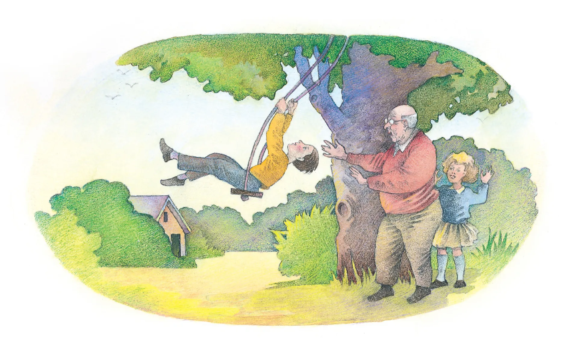 A grandfather pushing one of his grandchildren on a swing. From the Children’s Songbook, page 201, “When Grandpa Comes”; watercolor illustration by Richard Hull.