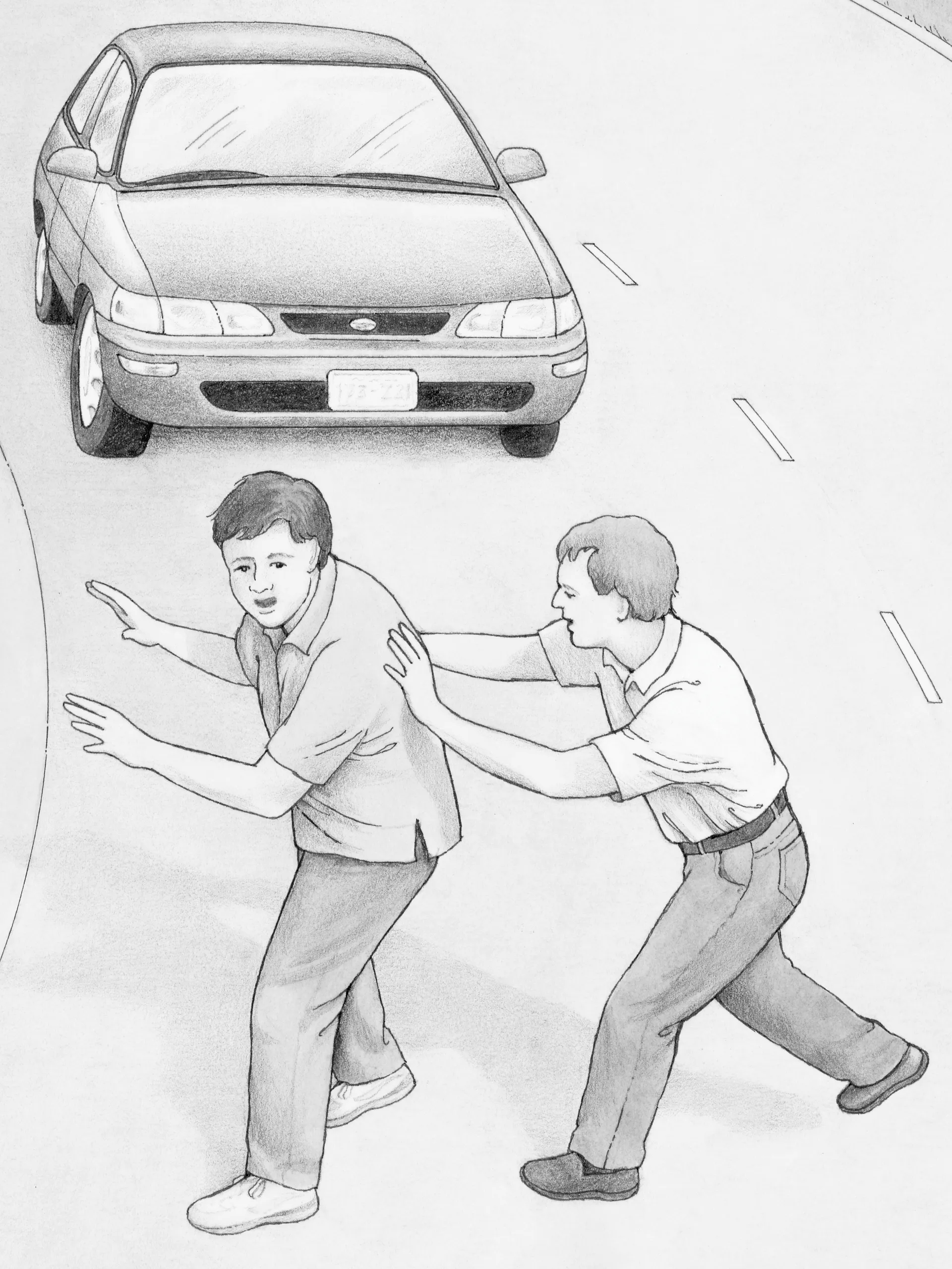 One boy pushing another out of the path of an oncoming car.