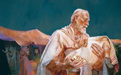Abraham holds his son Issac whom God gave to him in his old age fulfilling blessings and covenants he promised to Abraham