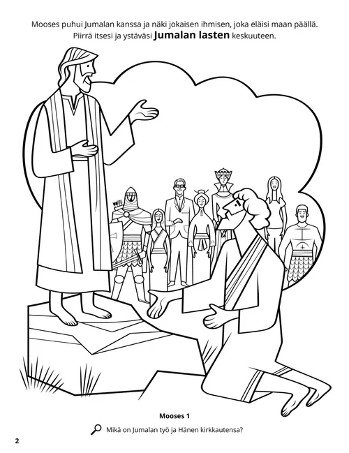 PDF-värityskuva, jossa Mooses keskustelee Jumalan kanssa ja näkee näyssä monia ihmisiä