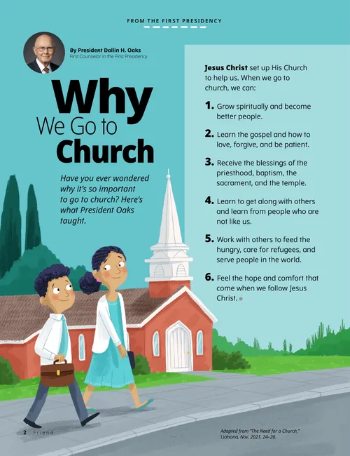 PDF of general authority message with illustration of children walking to church