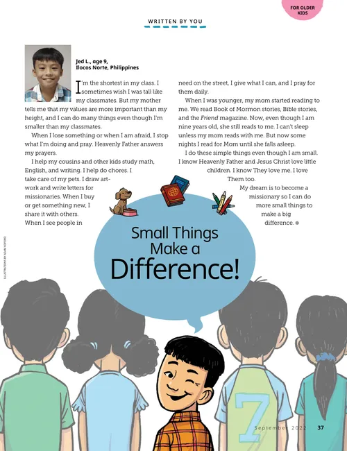 Page PDF of a boy looking over his shoulder and smiling, while other children are facing the opposite way