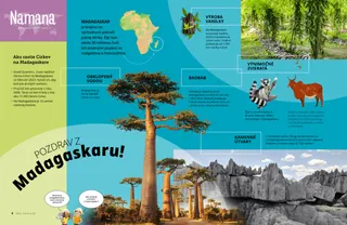 Strana PDF s malou mapou Afriky a obrázkami baobabov, skalných útvarov, vanilkových rastlín, lemura a zebu