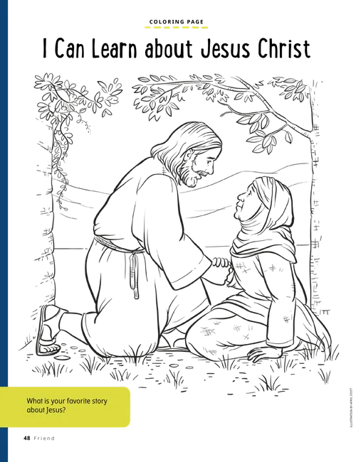 Coloring page PDF of Jesus Christ kneeling next to a woman under a tree