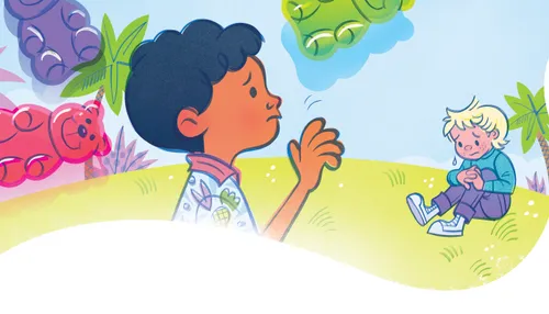 Illustration of sad boy reaching in concern toward a sad boy sitting on the grass outside, with a patter of gummy bears floating in the background