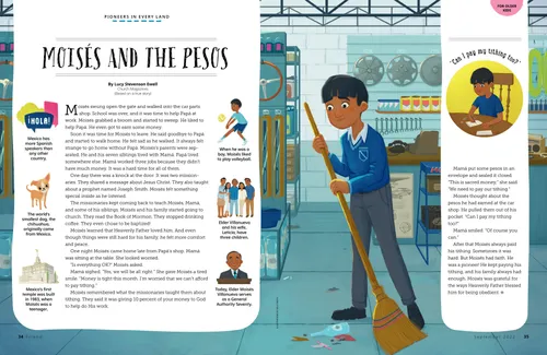 Page PDF of a boy sweeping the floor of a shop and writing on a tithing slip