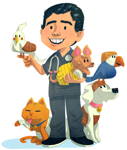 boy holding up pets