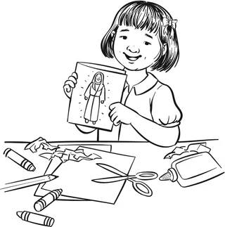 Faqe për ngjyrosje me një fëmijë që mban një figurë të Jezusit