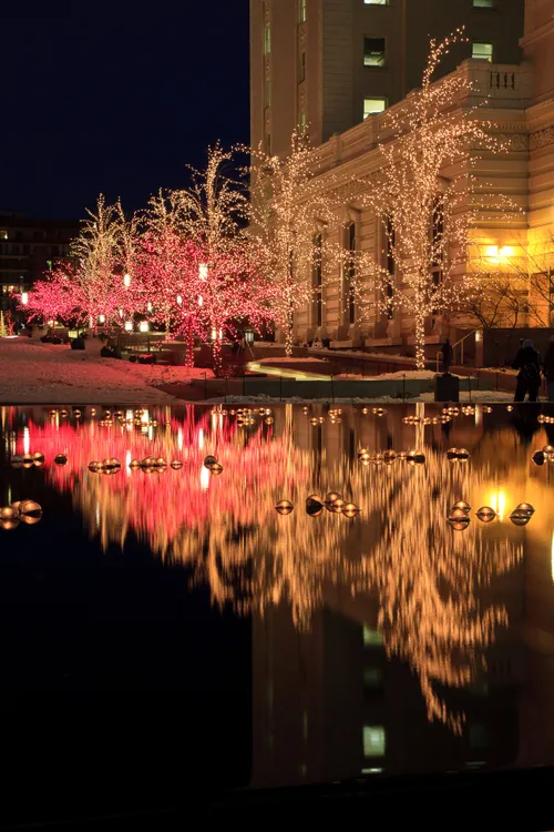 Christmas tree lights in yellow and red reflected in a pool of water near a building on Temple Square, with snow on the ground.