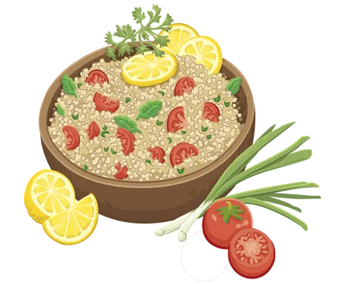 This image is just the salad. Illustrations of the Cedars of Lebanon, the Lebanon flag, Tabbouleh salad, and a cityscape of Beirut, Lebanon.