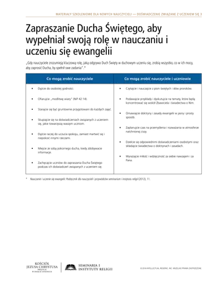 ulotka, Zapraszanie Ducha Świętego, aby wypełniał swoją rolę w nauczaniu i uczeniu się ewangelii