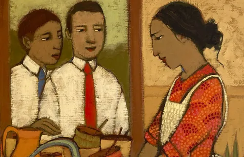 a woman washing dishes while two missionaries talk to her through an open window