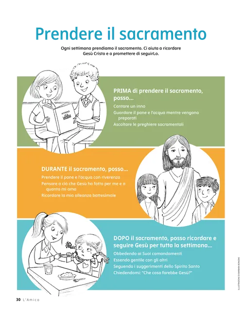 PDF della pagina con illustrazioni di bambini che cantano un inno, Gesù Cristo con due bambini, e una bambina grande che dà da mangiare a una bambina piccola seduta a un tavolo
