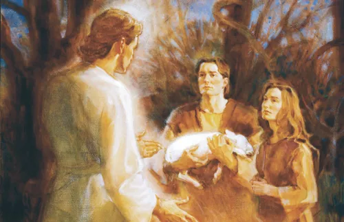 an angel appearing to Adam and Eve as they prepare a burnt offering