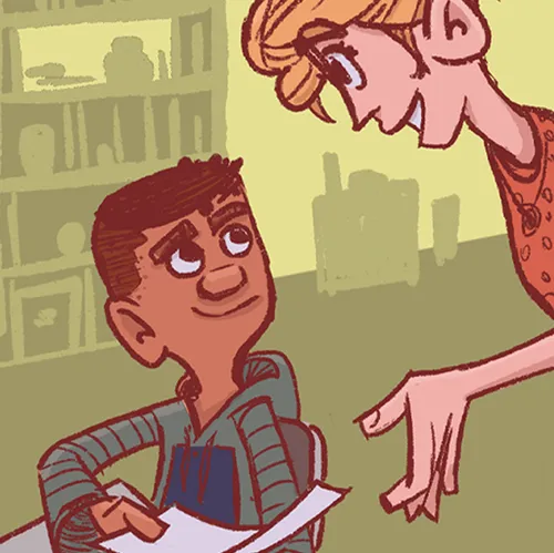 young man handing paper to teacher