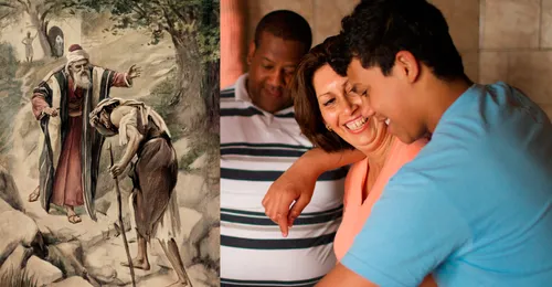 father greeting prodigal son; happy family